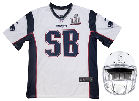 Lot of (2) Bill Belichick Signed Super Bowl LI Replica Helmet & Commemorative New England Patriots Jersey (Beckett)